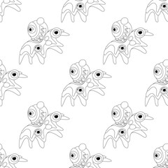 Seamless Pattern with Psyhodelical Print with Flying Monster Vibes. Surreal Design, Endless Texture. Pop Art Cartoon Style with Stains. Coloring Book Page. Vector Contour Illustration