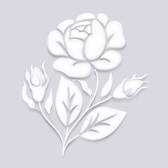 White Rose Inspired by Stucco. Vintge Floral Motif, Handmade Craft Art. Realistic 3d Imitation. Single Design Element. Vector 3d Illustration
