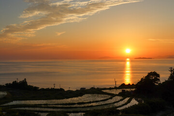 オレンジ色の夕焼け空に沈む夕日と棚田