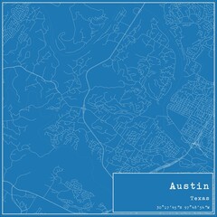 Blueprint US city map of Austin, Texas.