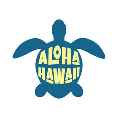 Logo vacaciones en Hawái. Silueta de tortuga marina con letras de la palabra aloha Hawaii con letras estilo hawaiano © teracreonte