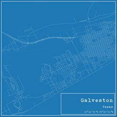Blueprint US city map of Galveston, Texas.