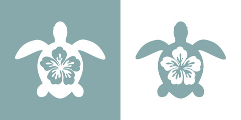 Logo vacaciones en Hawái. Silueta de flor de hibisco en tortuga marina - obrazy, fototapety, plakaty