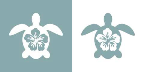 Fototapeten Logo vacaciones en Hawái. Silueta de flor de hibisco en tortuga marina © teracreonte