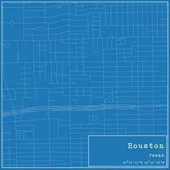 Blueprint US city map of Houston, Texas.