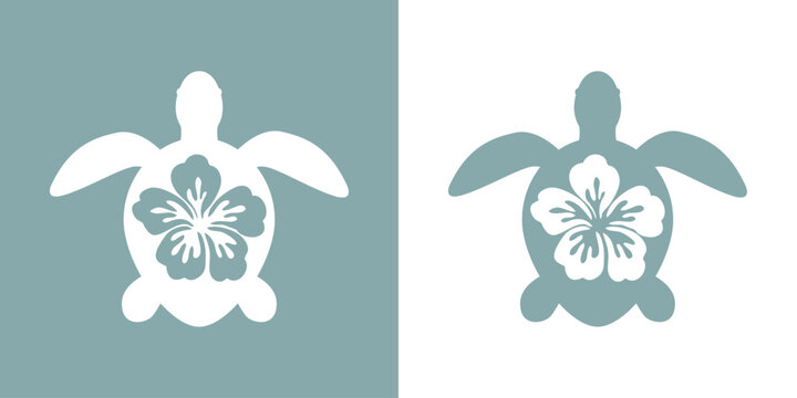 Logo vacaciones en Haw&aacute;i. Silueta de flor de hibisco en tortuga marina