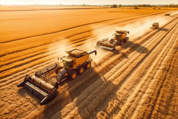 Harvesting grain crops with combines on a sunny day.
