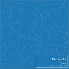 Blueprint US city map of Purmela, Texas.