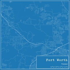 Blueprint US city map of Fort Worth, Texas.