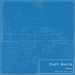 Blueprint US city map of Fort Worth, Texas.
