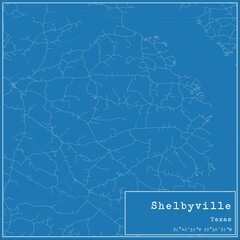 Blueprint US city map of Shelbyville, Texas.