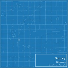 Blueprint US city map of Rocky, Oklahoma.