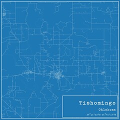 Blueprint US city map of Tishomingo, Oklahoma.
