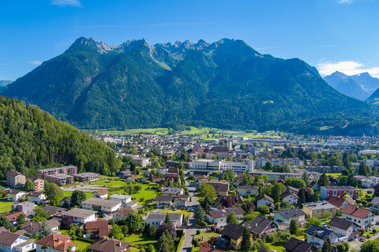 City of Bludenz in the Walgau Valley in the State of Vorarlberg, Austria. Drone Picture