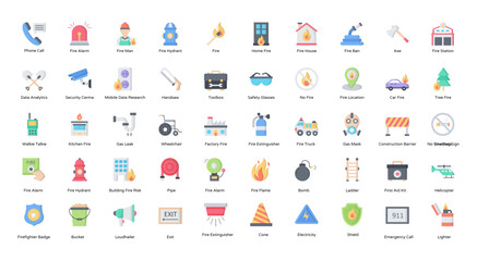 Fire Department Flat Icons Firefighter Icon Set in Color Style 50 Vector Icons