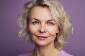 Beautiful blonde mature 50s mid aged woman smiling on lavender background with copy space. Photorealistic illustration generative AI.