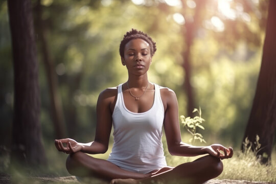 African American woman doing yoga in the morning in the park. Photorealistic illustration generative AI.