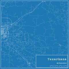 Obraz premium Blueprint US city map of Texarkana, Arkansas.