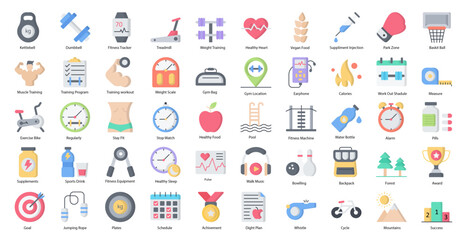 Fitness Flat Icons Workout Healthy Weight Training Iconset in Color Style 50 Vector Icons