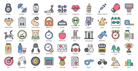 Fitness Line Color Icons Workout Healthy Weight Training Iconset in Filled Outline Style 50 Vector Icons