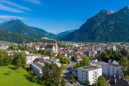City of Bludenz in the Walgau Valley in the State of Vorarlberg, Austria. Drone Picture