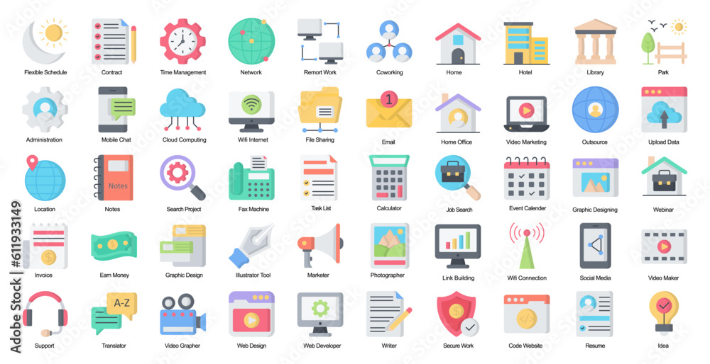Poster freelancer flat icons remote work icon set in color style 50 vector icons