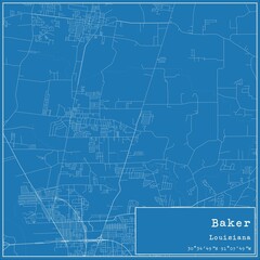 Blueprint US city map of Baker, Louisiana.
