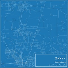 Blueprint US city map of Baker, Louisiana.