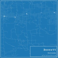 Blueprint US city map of Bassett, Nebraska.