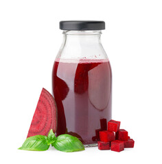 Bottle of healthy beet juice and basil on white background
