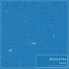 Blueprint US city map of Sublette, Kansas.