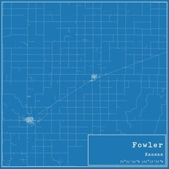 Blueprint US city map of Fowler, Kansas.