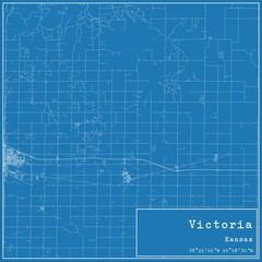 Blueprint US city map of Victoria, Kansas.