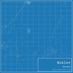 Blueprint US city map of Buhler, Kansas.