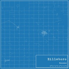 Blueprint US city map of Hillsboro, Kansas.