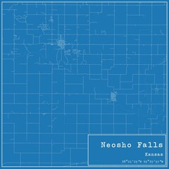 Blueprint US city map of Neosho Falls, Kansas.