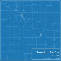 Blueprint US city map of Neosho Falls, Kansas.