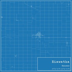 Blueprint US city map of Hiawatha, Kansas.