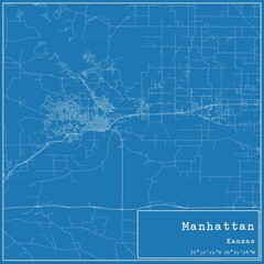 Blueprint US city map of Manhattan, Kansas.
