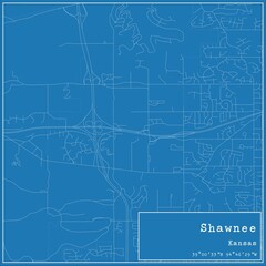 Blueprint US city map of Shawnee, Kansas.