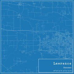Blueprint US city map of Lawrence, Kansas.