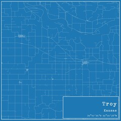 Blueprint US city map of Troy, Kansas.
