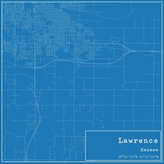Blueprint US city map of Lawrence, Kansas.