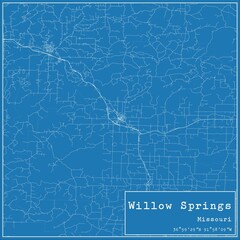 Blueprint US city map of Willow Springs, Missouri.