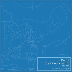 Blueprint US city map of Fort Leavenworth, Kansas.