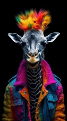 Illustration of a Giraffe with Colourful Hair and a multicoloured Jacket created with Generative AI technology