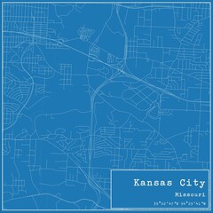 Blueprint US city map of Kansas City, Missouri.