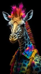 Illustration of a Giraffe with Colourful Hair and a multicoloured Jacket created with Generative AI technology