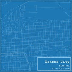 Blueprint US city map of Kansas City, Missouri.