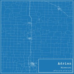 Blueprint US city map of Adrian, Missouri.